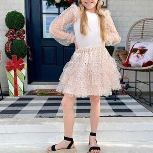 Habitual Kids Girls Pink & Black Sheer Puff Sleeve Dot Top & Tiered Skirt Set 10